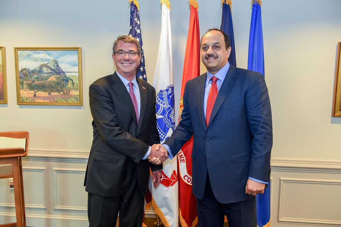 Defense Secretary Ash Carter poses for an official photo with Qatari Minister of State for Defense Affairs Khalid bin Mohammed al-Attiyah following meetings at the Pentagon, May 18, 2016. DoD photo by U.S. Army Sgt. 1st Class Clydell Kinchen