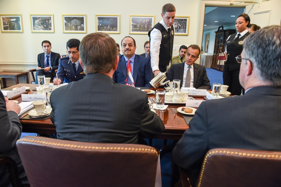 Defense Secretary Ash Carter meets with Qatari Minister of State for Defense Affairs Khalid bin Mohammed al-Attiyah at the Pentagon, May 18, 2016. The two leaders met to discuss matters of mutual importance. DoD photo by U.S. Army Sgt. 1st Class Clydell Kinchen