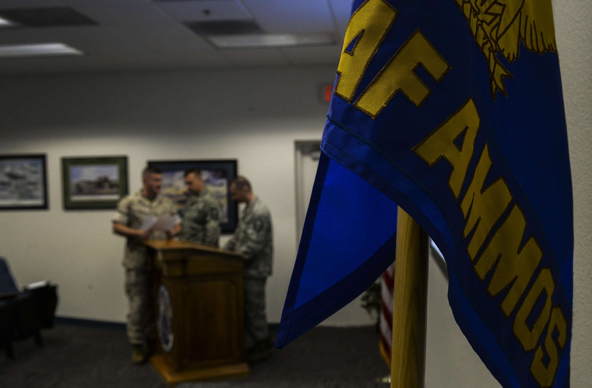 Master Sgt. Thomas Moore and his classmates do a final run-through before their presentation during the Advanced Maintenance Superintendent Course at Nellis Air Force Base, Nev., May 16, 2016. While helping the Marines to revitalize their aircraft issue may be a challenge for the Marine Master Sgt., the leadership at Advanced Maintenance and Munitions Operations School is confident his capabilities and the skill set that has been instilled. (U.S. Air Force photo by Airman 1st Class Kevin Tanenbaum)