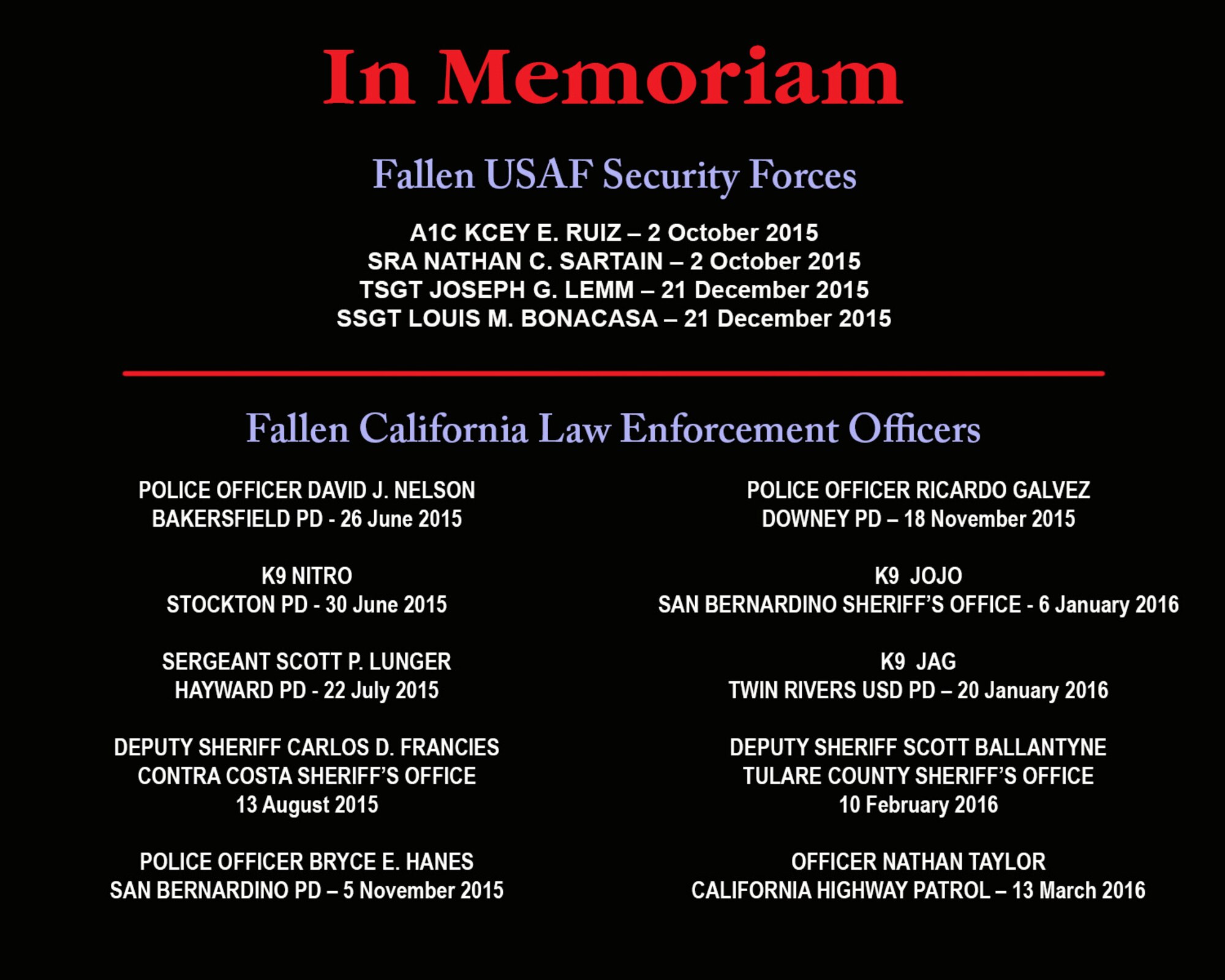 Since 1962, the week in which May 15 falls has been observed as National Police Week. During this week, police entities all over the country host a variety of events in an effort to recognize the service and sacrifice of law enforcement members. The 30th Security Forces Squadron is no exception, as Defenders encourage the public to step into their world May 16 through 20. This year’s Police Week is especially poignant, as members of the community remember the latest victims lost in the fight to protect and serve.