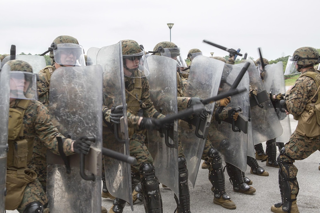 Reserve Marines practice striking during a crowd-control class as part of exercise Platinum Wolf 2016 at Peacekeeping Operations Training Center South Base in Bujanovac, Serbia, May 12, 2016. Platinum Wolf brings together service members from Bosnia, Bulgaria, Macedonia, Montenegro, Serbia, Slovenia and the U.S. to train in peacekeeping operations and nonlethal weapons capabilities. Marine Corps photo by Sgt. Sara Graham
