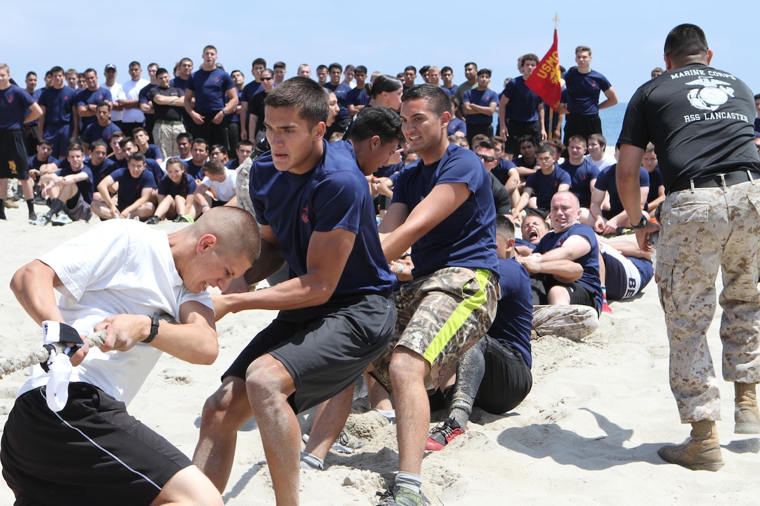 Recruiting Sub Station Lancaster poolees participate tug-of-war during Recruiting Station Los Angeles’ Annual Pool Function at Point Mugu Beach, May 14, 2016. Los Angeles Marines and more than 600 of their poolees participated in the 2016 annual pool function. After nearly six hours of competing in pull-ups, crunches, sprint relays, tug-of-war, and many other activities, RSS Lancaster came out on top as the RSLA pool function champions. (U.S. Marine Corps photo by Staff Sgt. Alicia R. Leaders/Released)