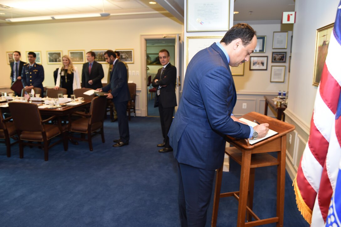 Qatari Minister of State for Defense Affairs Khalid bin Mohammed al-Attiyah signs the guestbook following a welcoming honor cordon at the Pentagon, May 18, 2016. DoD photo by U.S. Army Sgt. 1st Class Clydell Kinchen