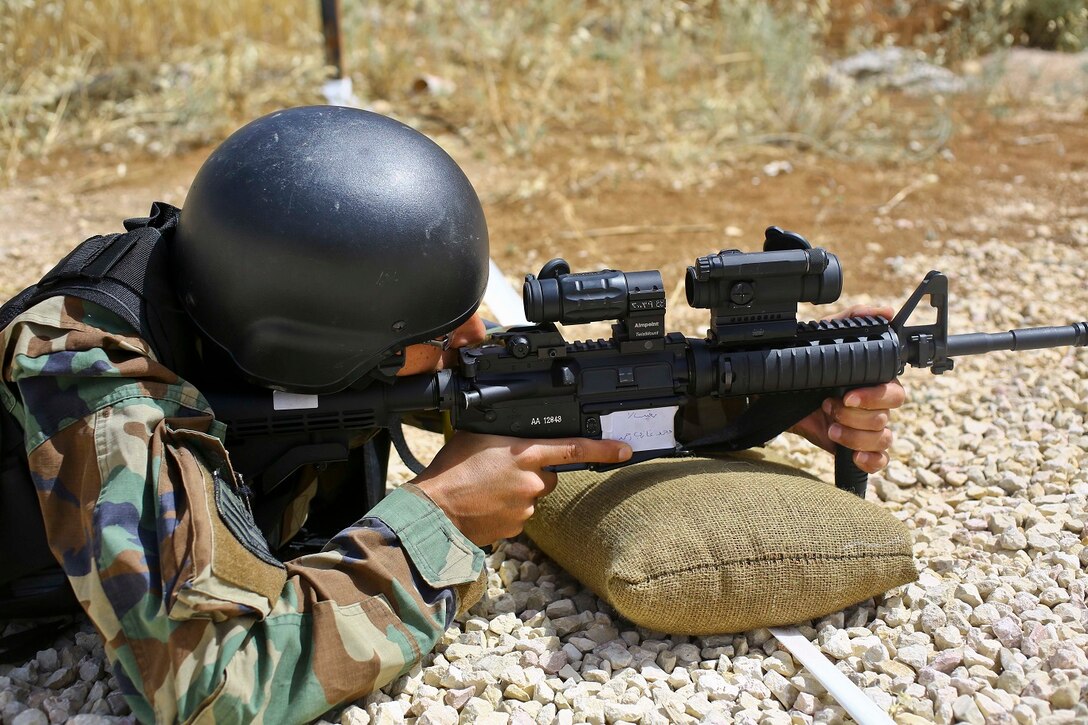 A member of the Jordanian Armed Forces participates in a live fire range during Exercise Eager Lion 16 at King Abdullah II Special Operations Training Center, Kingdom of Jordan on May 17, 2016. Eager Lion 16 is a US military bi-lateral exercise with the Hashemite Kingdom of Jordan designed to strengthen relationships and interoperability between partner nations. (U.S. Marine Corps photo by Cpl. Lauren Falk 5th MEB COMCAM/Released)