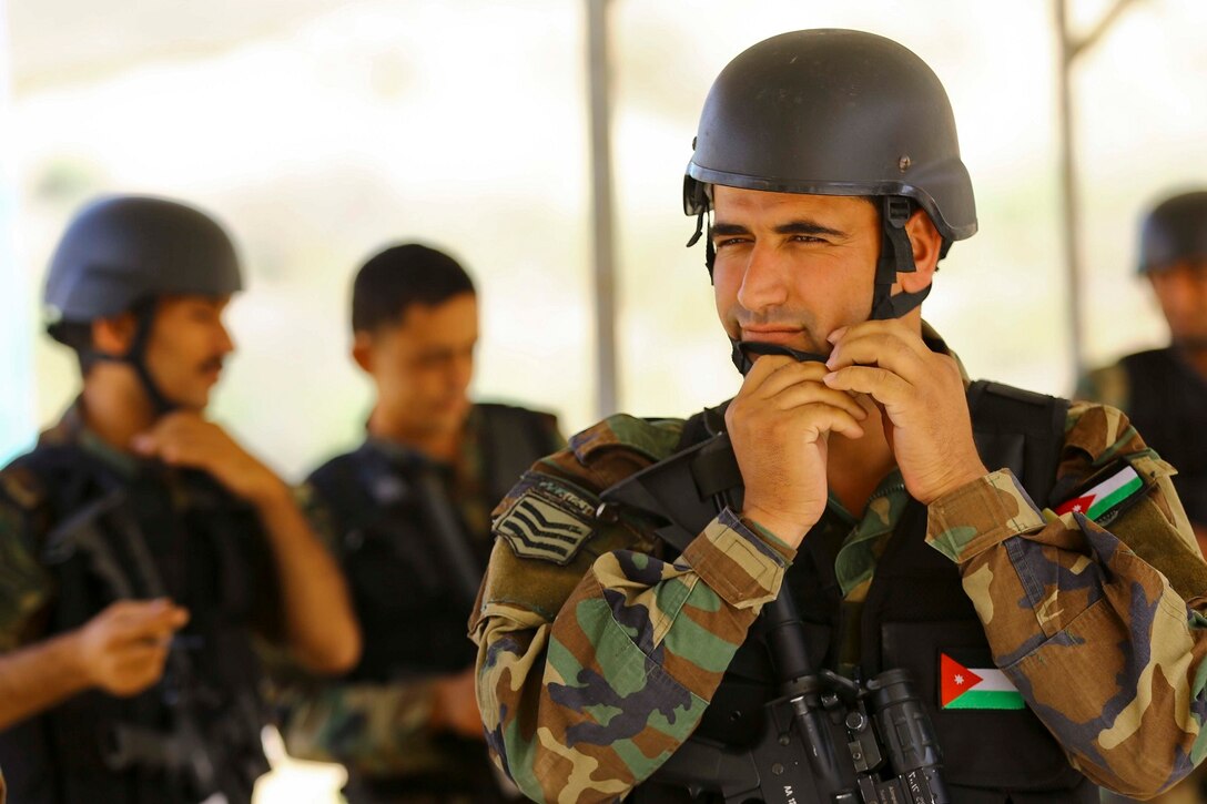 A member of the Jordanian Armed Forces prepares to participate in a live fire range during Exercise Eager Lion 16 at King Abdullah II Special Operations Training Center, Kingdom of Jordan on May 17, 2016. Eager Lion 16 is a US military bi-lateral exercise with the Hashemite Kingdom of Jordan designed to strengthen relationships and interoperability between partner nations. (U.S. Marine Corps photo by Cpl. Lauren Falk 5th MEB COMCAM/Released)