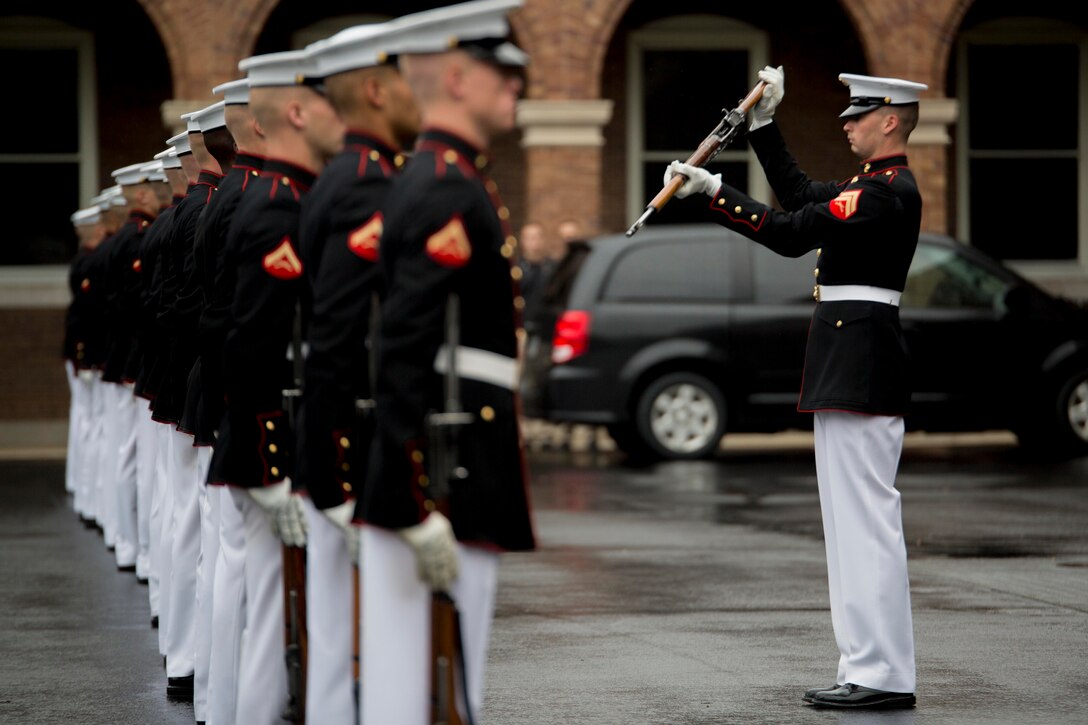 The Silent Drill Platoon performs during a tour of Marine Barracks Washington, D.C., May 17, 2016.