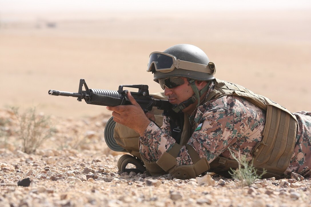 A members of the Jordanian Armed Forces provides security during Exercise Eager Lion 16 at Armor Range, Quick Reaction Force, Kingdom of Jordan on May 16, 2016. Eager Lion 16 is a bi-lateral exercise in the Hashemite Kingdom of Jordan between the Jordanian Armed Forces and the U.S. Military designed to strengthen relationships and interoperability between partner nations. (U.S. Marine Corps photo by Lance Cpl. Alejandro Dominguez/Released)