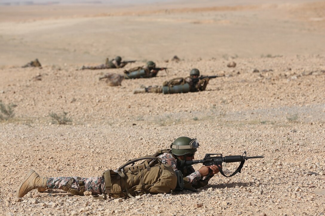 Members of the Jordanian Armed Forces provide security during Exercise Eager Lion 16 at Armor Range, Quick Reaction Force, Kingdom of Jordan on May 16, 2016. Eager Lion 16 is a bi-lateral exercise in the Hashemite Kingdom of Jordan between the Jordanian Armed Forces and the U.S. Military designed to strengthen relationships and interoperability between partner nations. (U.S. Marine Corps photo by Lance Cpl. Alejandro Dominguez/Released)