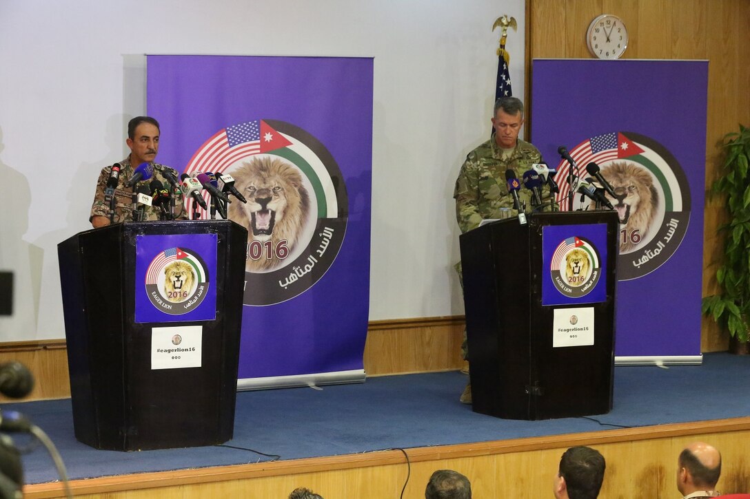 U.S. Army Maj. Gen. Ralph H. Groover III, U.S. Central Command director of Exercises and Training Directorate and Brig. Gen. Fahad Al-Damin, director of Joint Training for the Jordanian Armed Forces , speak with members of the media at a press conference during Exercise Eager Lion 16 at Jordanian Special Operations Command military headquarters in Amman, Kingdom of Jordan, May 15. Eager Lion 16 is a bi-lateral exercise in the Hashemite Kingdom of Jordan between the Jordanian Armed Forces and the U.S. Military designed to strengthen relationships and interoperability between partner nations. (U.S. Marine Corps photo by Lance Cpl. Alejandro Dominguez/Released)