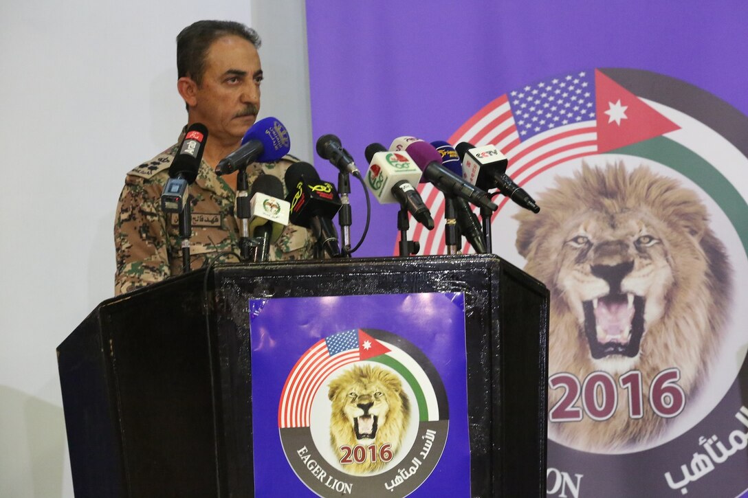 Brig. Gen. Fahad Al-Damin, director of Joint Training for the Jordanian Armed Forces speaks with members of the media at a press conference during Exercise Eager Lion 16 at Jordanian Special Operations Command military headquarters in Amman, Kingdom of Jordan, May 15.Eager Lion 16 is a bi-lateral exercise in the Hashemite Kingdom of Jordan between the Jordanian Armed Forces and the U.S. Military designed to strengthen relationships and interoperability between partner nations. (U.S. Marine Corps photo by Lance Cpl. Alejandro Dominguez/Released)