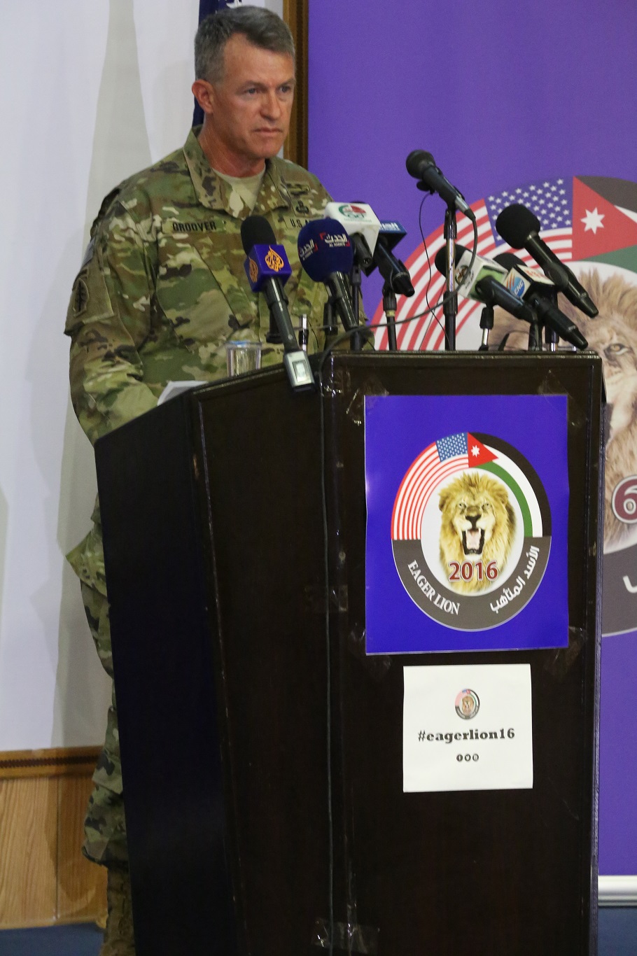 U.S. Army Maj. Gen. Ralph H. Groover III, U.S. Central Command director of Exercises and Training Directorate, speaks with members of the media at a press conference during Exercise Eager Lion 16 at Jordanian Special Operations Command military headquarters in Amman, Kingdom of Jordan, May 15 Eager Lion 16 is a US military bi-lateral exercise with the Hashemite Kingdom of Jordan designed to strengthen relationships and interoperability between partner nations. (U.S. Marine Corps photo by. Lance Cpl Alejandro Dominguez/Released)