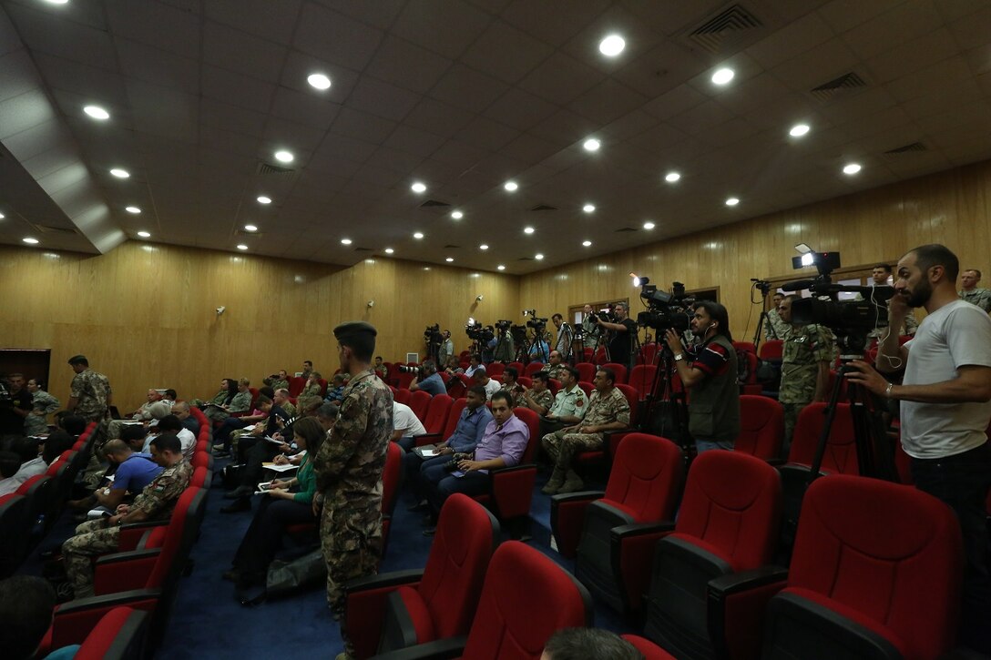 Members of the media, which included reporters from BBC Arabic, CNN, Al Jazeera, Al-Arabyia, Sky News, and local Jordanian news outlets, attend a press conference during Exercise Eager Lion 16 at Jordanian Special Operations Command military headquarters in Amman, Kingdom of Jordan, May 15. Eager Lion 16 is a US military bi-lateral exercise with the Hashemite Kingdom of Jordan designed to strengthen relationships and interoperability between partner nations. (U.S. Marine Corps photo by. Lance Cpl Alejandro Dominguez/Released)