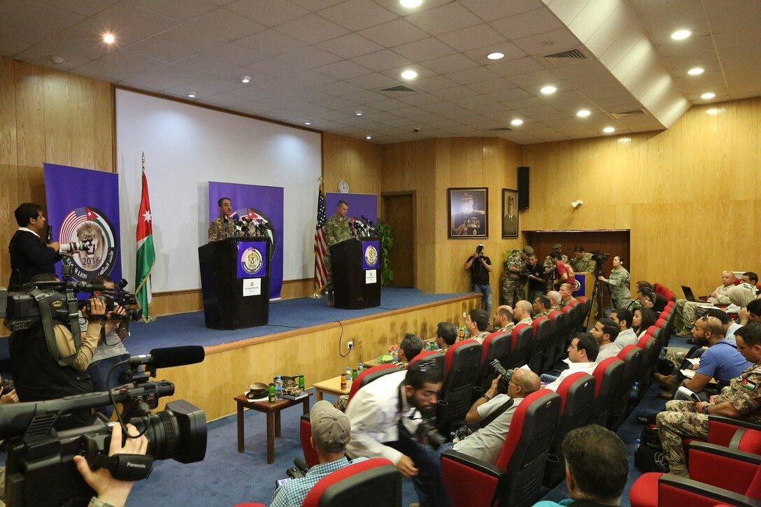Members of the media, which included reporters from BBC Arabic, CNN, Al Jazeera, Al-Arabyia, Sky News, and local Jordanian news outlets, attend a press conference during Exercise Eager Lion 16 at Jordanian Special Operations Command military headquarters in Amman, Kingdom of Jordan, May 15. Eager Lion 16 is a US military bi-lateral exercise with the Hashemite Kingdom of Jordan designed to strengthen relationships and interoperability between partner nations. (U.S. Marine Corps photo by. Lance Cpl Alejandro Dominguez/Released)