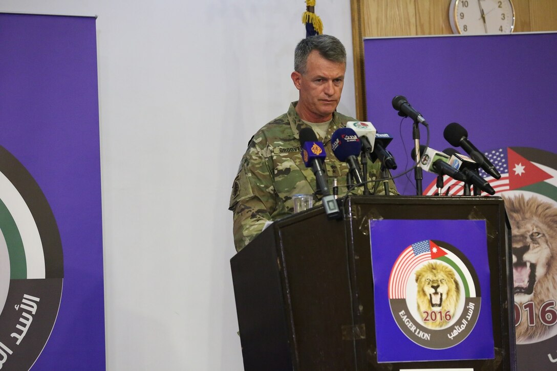 U.S. Army Maj. Gen. Ralph H. Groover III, U.S. Central Command director of Exercises and Training Directorate,  speaks with members of the media at a press conference during Exercise Eager Lion 16 at Jordanian Special Operations Command military headquarters in Amman, Kingdom of Jordan, May 15 Eager Lion 16 is a US military bi-lateral exercise with the Hashemite Kingdom of Jordan designed to strengthen relationships and interoperability between partner nations. (U.S. Marine Corps photo by. Lance Cpl Alejandro Dominguez/Released)
