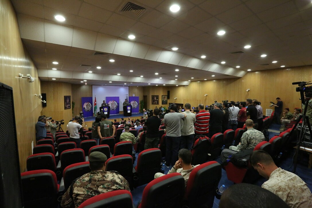 Members of the media, which included reporters from BBC Arabic, CNN, Al Jazeera, Al-Arabyia, Sky News, and local Jordanian news outlets, attend a press conference during Exercise Eager Lion 16 at Jordanian Special Operations Command military headquarters in Amman, Kingdom of Jordan, May 15. Eager Lion 16 is a bi-lateral exercise in the Hashemite Kingdom of Jordan between the Jordanian Armed Forces and the U.S. Military designed to strengthen relationships and interoperability between partner nations. (U.S. Marine Corps photo by Lance Cpl. Alejandro Dominguez/Released)