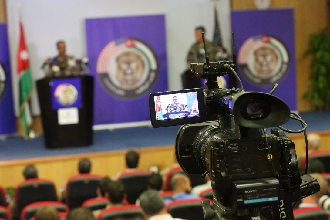 U.S. Army Maj. Gen. Ralph H. Groover III, U.S. Central Command director of Exercises and Training Directorate and Brig. Gen. Fahad Al-Damin, director of Joint Training for the Jordanian Armed Forces , speak with members of the media at a press conference during Exercise Eager Lion 16 at Jordanian Special Operations Command military headquarters in Amman, Kingdom of Jordan, May 15. Eager Lion 16 is a bi-lateral exercise in the Hashemite Kingdom of Jordan between the Jordanian Armed Forces and the U.S. Military designed to strengthen relationships and interoperability between partner nations. (U.S. Marine Corps photo by Lance Cpl. Alejandro Dominguez/Released)