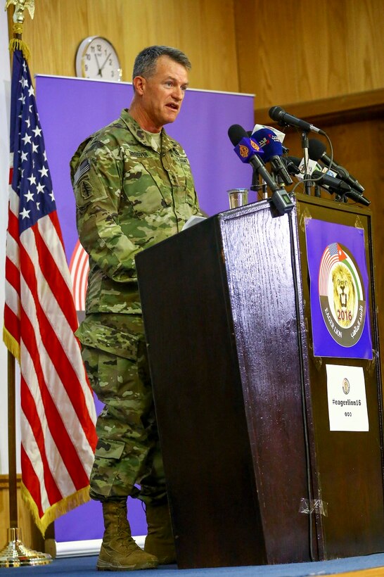 U.S. Army Maj. Gen. Ralph H. Groover III, U.S. Central Command director of Exercises and Training Directorate, speaks with members of the media at a press conference during Exercise Eager Lion 16 at Jordanian Special Operations Command military headquarters in Amman, Kingdom of Jordan, May 15. Eager Lion 16 is a bi-lateral exercise in the Hashemite Kingdom of Jordan between the Jordanian Armed Forces and the U.S. Military designed to strengthen relationships and interoperability between partner nations while conducting contingency operations. (U.S. Marine Corps photo by Cpl. Lauren Falk 5th MEB COMCAM/Released)