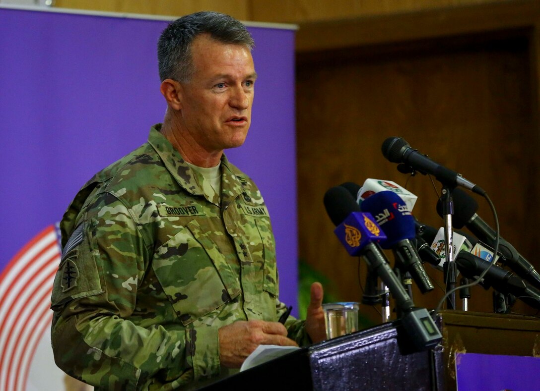 U.S. Army Maj. Gen. Ralph H. Groover III, U.S. Central Command director of Exercises and Training Directorate, speaks to members of the media at a press conference during Exercise Eager Lion 16 at Jordanian Special Operations Command military headquarters in Amman, Kingdom of Jordan, May 15. Eager Lion 16 is a bi-lateral exercise in the Hashemite Kingdom of Jordan between the Jordanian Armed Forces and the U.S. Military designed to strengthen relationships and interoperability between partner nations while conducting contingency operations. (U.S. Marine Corps photo by Cpl. Lauren Falk 5th MEB COMCAM/Released)