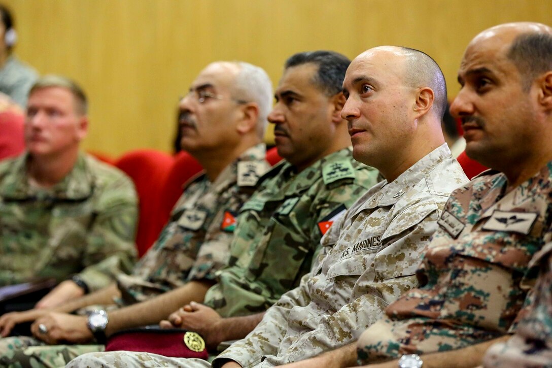Members of the Jordanian Armed Forces and the United States Military attend a press conference during Exercise Eager Lion 16 at Jordanian Special Operations Command military headquarters in Amman, Kingdom of Jordan, May 15. Eager Lion 16 is a bi-lateral exercise in the Hashemite Kingdom of Jordan between the Jordanian Armed Forces and the U.S. Military designed to strengthen relationships and interoperability between partner nations while conducting contingency operations. (U.S. Marine Corps photo by Cpl. Lauren Falk 5th MEB COMCAM/Released)