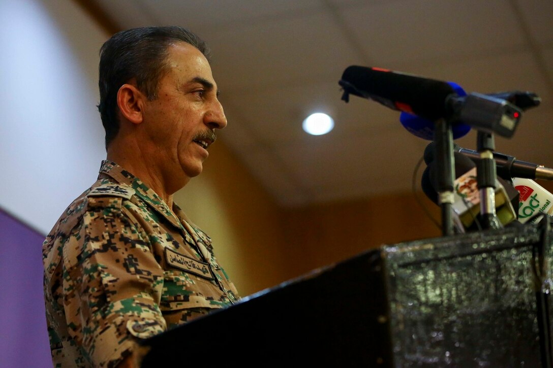 Brig. Gen. Fahad Al-Damin, director of Joint Training for the Jordanian Armed Forces speaks with members of the media at a press conference during Exercise Eager Lion 16 at Jordanian Special Operations Command military headquarters in Amman, Kingdom of Jordan, May 15. Eager Lion 16 is a bi-lateral exercise in the Hashemite Kingdom of Jordan between the Jordanian Armed Forces and the U.S. Military designed to strengthen relationships and interoperability between partner nations while conducting contingency operations. (U.S. Marine Corps photo by Cpl. Lauren Falk 5th MEB COMCAM/Released)