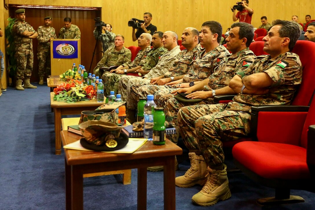 Members of the Jordanian Armed Forces and the United States Military attend a press conference during Exercise Eager Lion 16 at Jordanian Special Operations Command military headquarters in Amman, Kingdom of Jordan, May 15. Eager Lion 16 is a bi-lateral exercise in the Hashemite Kingdom of Jordan between the Jordanian Armed Forces and the U.S. Military designed to strengthen relationships and interoperability between partner nations while conducting contingency operations. (U.S. Marine Corps photo by Cpl. Lauren Falk 5th MEB COMCAM/Released)