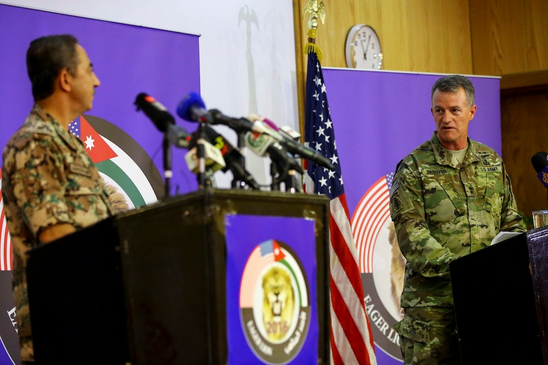 U.S. Army Maj. Gen. Ralph H. Groover III, U.S. Central Command director of Exercises and Training Directorate, and Brig. Gen. Fahad Al-Damin, director of Joint Training for the Jordanian Armed Forces speak with members of the media at a press conference during Exercise Eager Lion 16 at Jordanian Special Operations Command military headquarters in Amman, Kingdom of Jordan, May 15. Eager Lion 16 is a bi-lateral exercise in the Hashemite Kingdom of Jordan between the Jordanian Armed Forces and the U.S. Military designed to strengthen relationships and interoperability between partner nations while conducting contingency operations. (U.S. Marine Corps photo by Cpl. Lauren Falk 5th MEB COMCAM/Released)