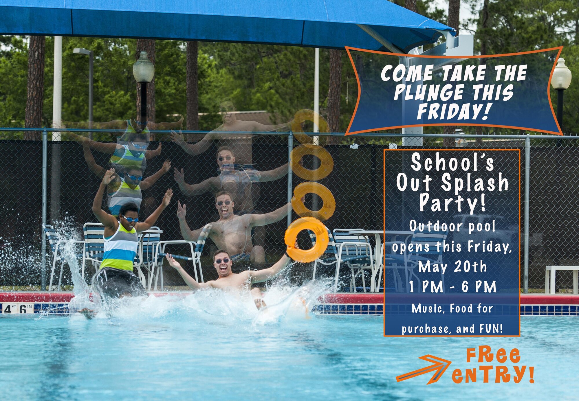 The 23d Force Support Squadron is hosting the "School's Out Splash Party"during the Outdoor Pool opening, May 20, 2016, at Moody Air Force Base, Ga. During the party, there will be music, prize giveaways, food for purchase and free entry. For more information, contact the Outdoor Pool at 229-257-3244. (U.S. Air Force illustration by Airman 1st Class Lauren M. Hunter/Released)
