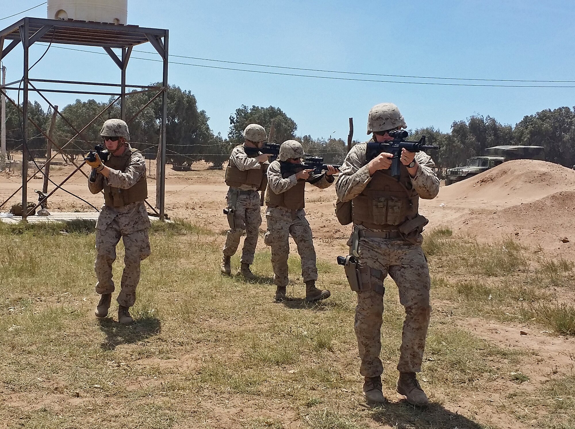 U.S. Marines demonstrate tactics during African Lion 16. African Lion is an annually scheduled, bilateral U.S. and Moroccan sponsored exercise designed to improve interoperability and mutual understanding of each nation's tactics, techniques and procedures.(Courtesy photo)