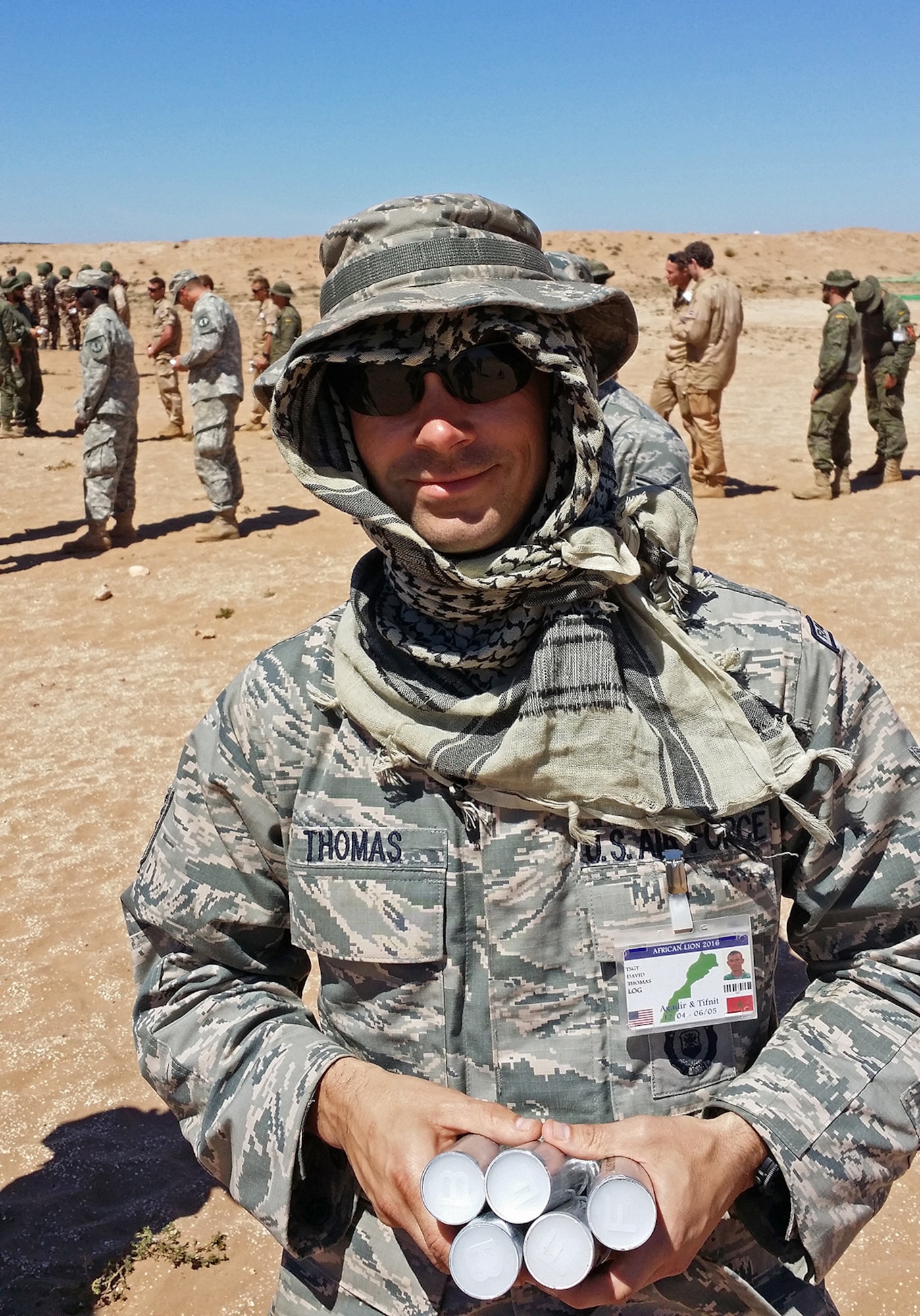 Tech. Sgt. David Thomas, holds a bunch of 40mm Rubber less than lethal rounds during African Lion 16. African Lion is an annually scheduled, bilateral U.S. and Moroccan sponsored exercise designed to improve interoperability and mutual understanding of each nation's tactics, techniques and procedures. (Courtesy photo)