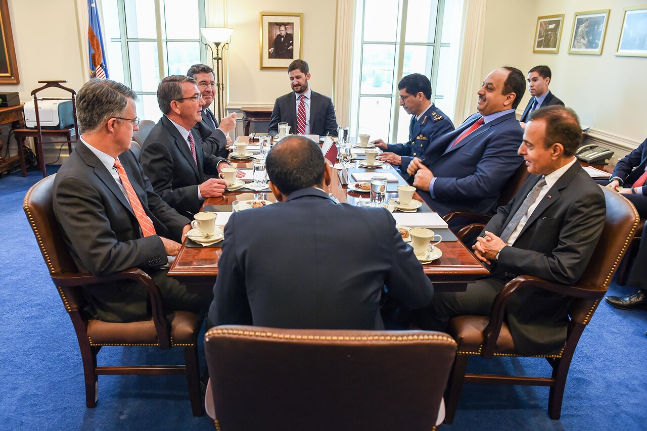 Defense Secretary Ash Carter, left center, meets with Qatari Minister of State for Defense Affairs Khalid bin Mohammed al-Attiyah at the Pentagon, May 18, 2016. The two leaders met to discuss matters of mutual importance. DoD photo by Army Sgt. 1st Class Clydell Kinchen