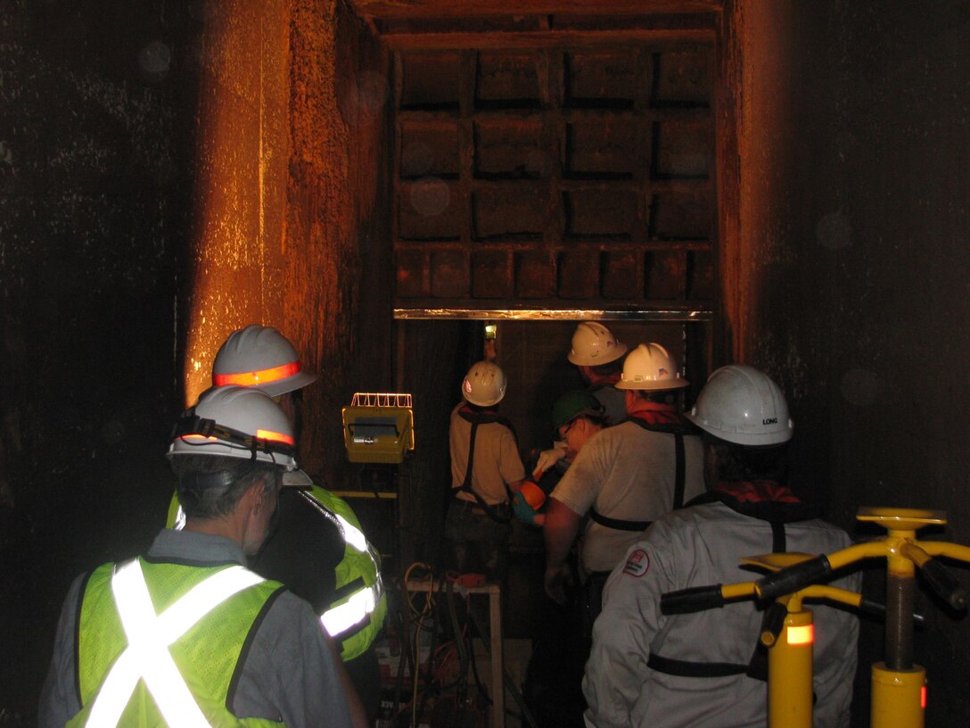 During the week of April 18, Gary Long of Cave Run Lake, and Stephen Shifflet and Jim Kelly of Buckhorn Lake worked to repair leaks on the bottom of gates 2 and 3 of the control tower at Buckhorn Lake, Buckhorn Kentucky.