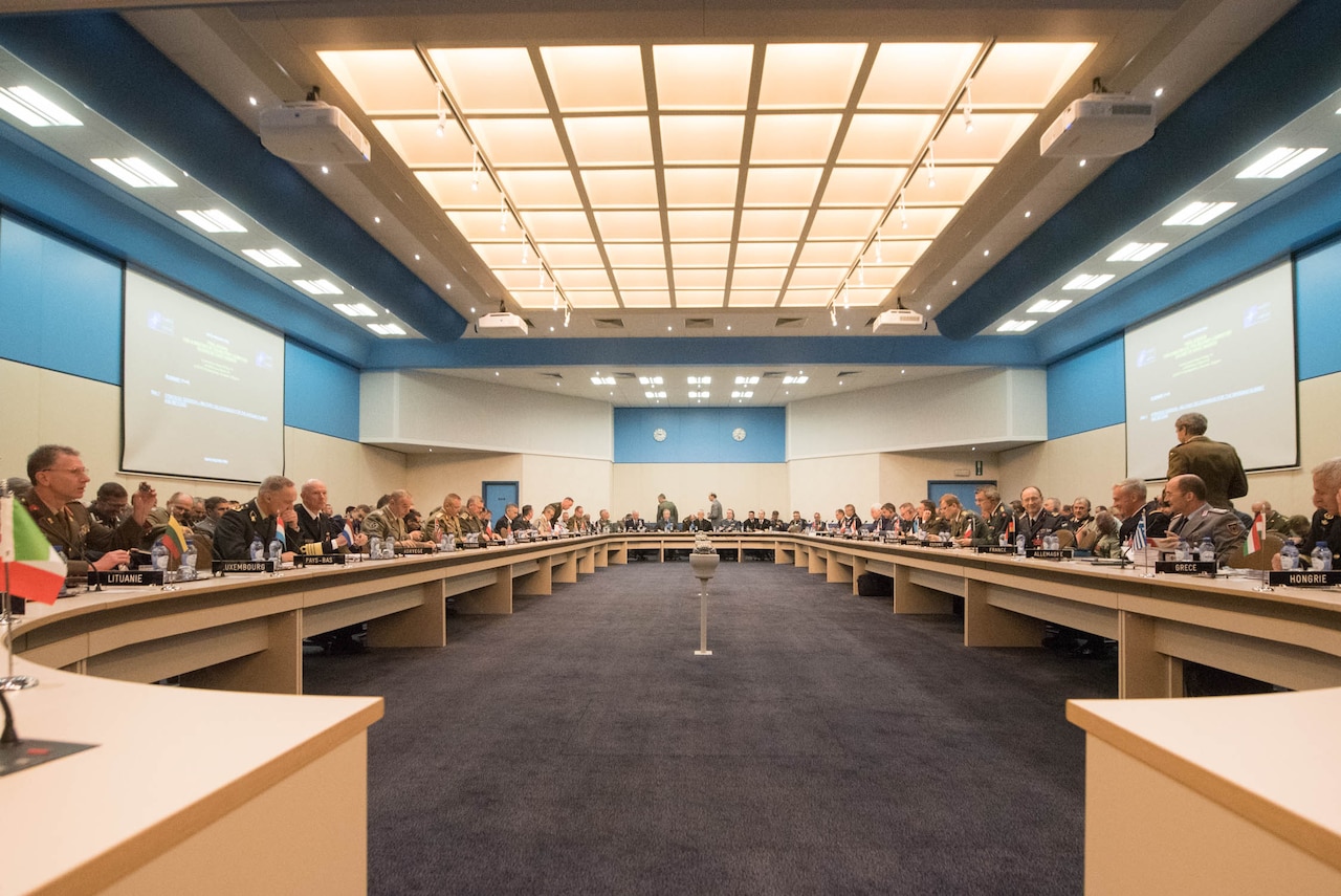 Military leaders, including Marine Corps Gen. Joe Dunford, chairman of the Joint Chiefs of Staff, participate in the NATO Military Committee/Chiefs of Defense Session in Brussels, May 18, 2016. Meeting topics included NATO operations, the security situation, interoperability and partnerships. DoD photo by D. Myles Cullen