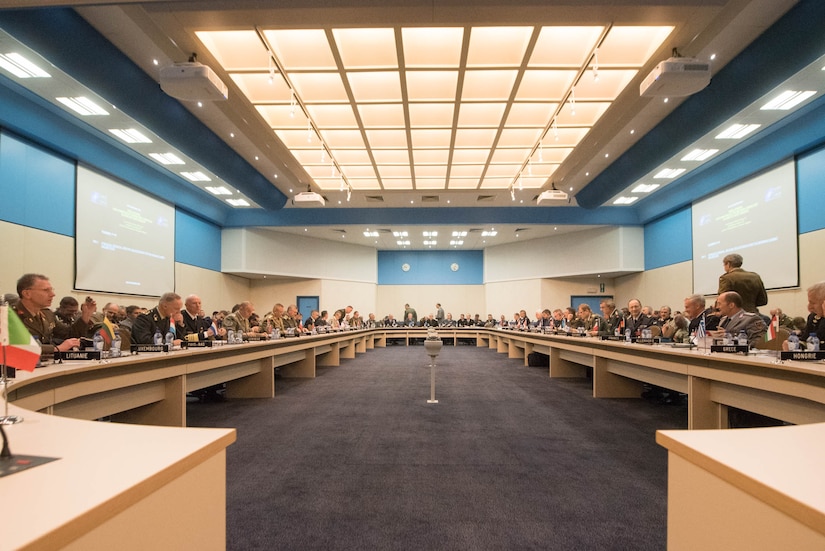 Military leaders, including Marine Corps Gen. Joe Dunford, chairman of the Joint Chiefs of Staff, participate in the NATO Military Committee/Chiefs of Defense Session in Brussels, May 18, 2016. Meeting topics included NATO operations, the security situation, interoperability and partnerships. DoD photo by D. Myles Cullen