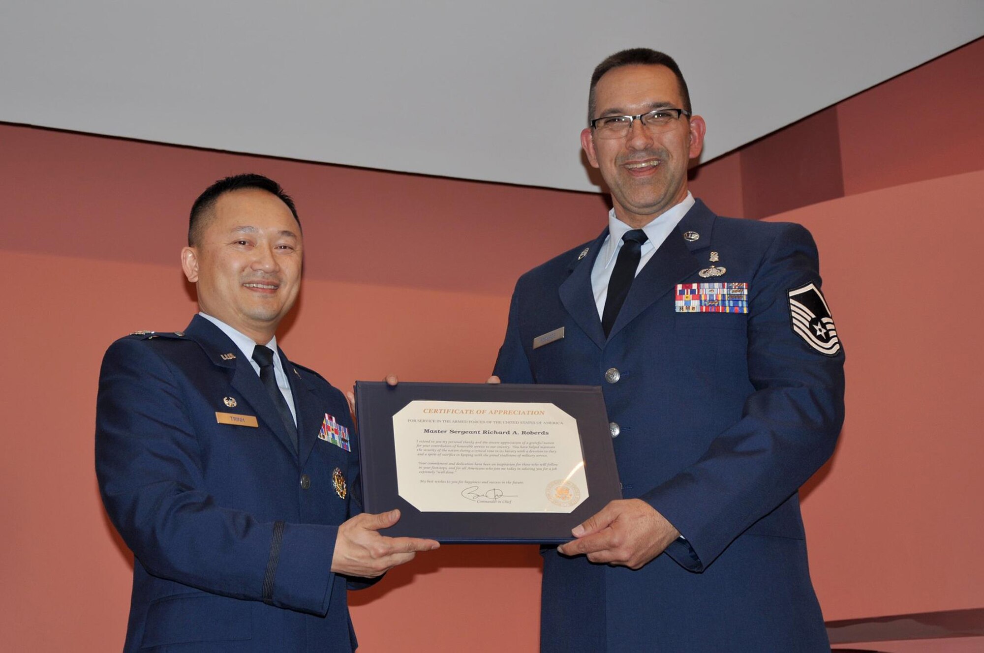 Master Sgt. Richard A. Roberds, part of the 349th Aerospace Medicine Squadron, retires from the Air Force Reserve during a ceremony held May 15, 2016 at Travis Air Force Base, Calif. Roberds' career spanned more than 30 years. (U.S. Air Force photo/Staff Sgt. Cindy G. Alejandrez)
