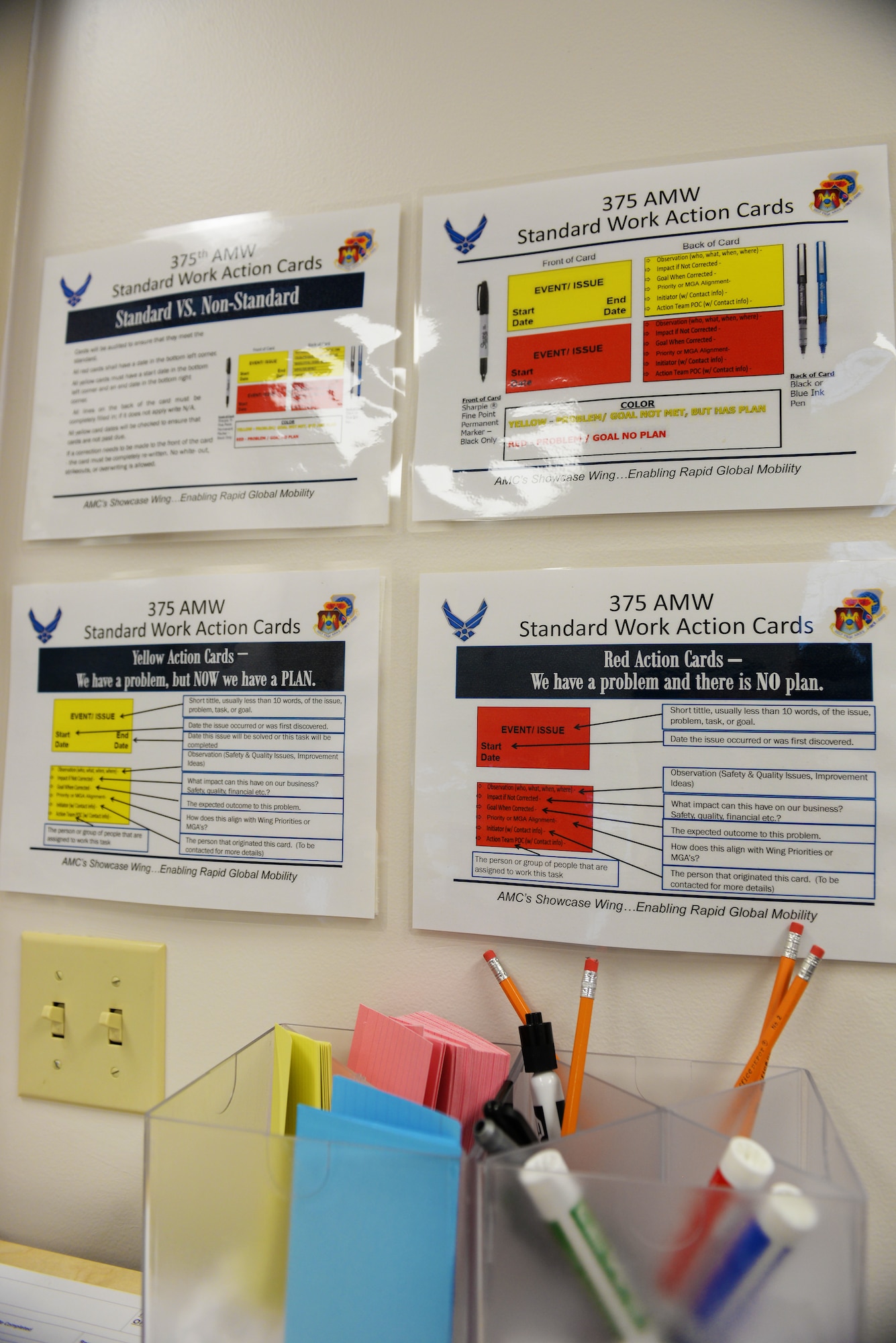 The design of the 375th Air Mobility Wing engine room at Scott Air Force Base, Ill., includes work action cards that outline an issue, and they are then placed on the wall-sized board under certain priorities they fall under. This is a continuous process improvement model aimed at transparency and ‘embracing the red’, which means knowing what all the issues are so it can be addressed before it is a bigger issue. (U.S. Air Force photo/Senior Airman Erica Fowler)