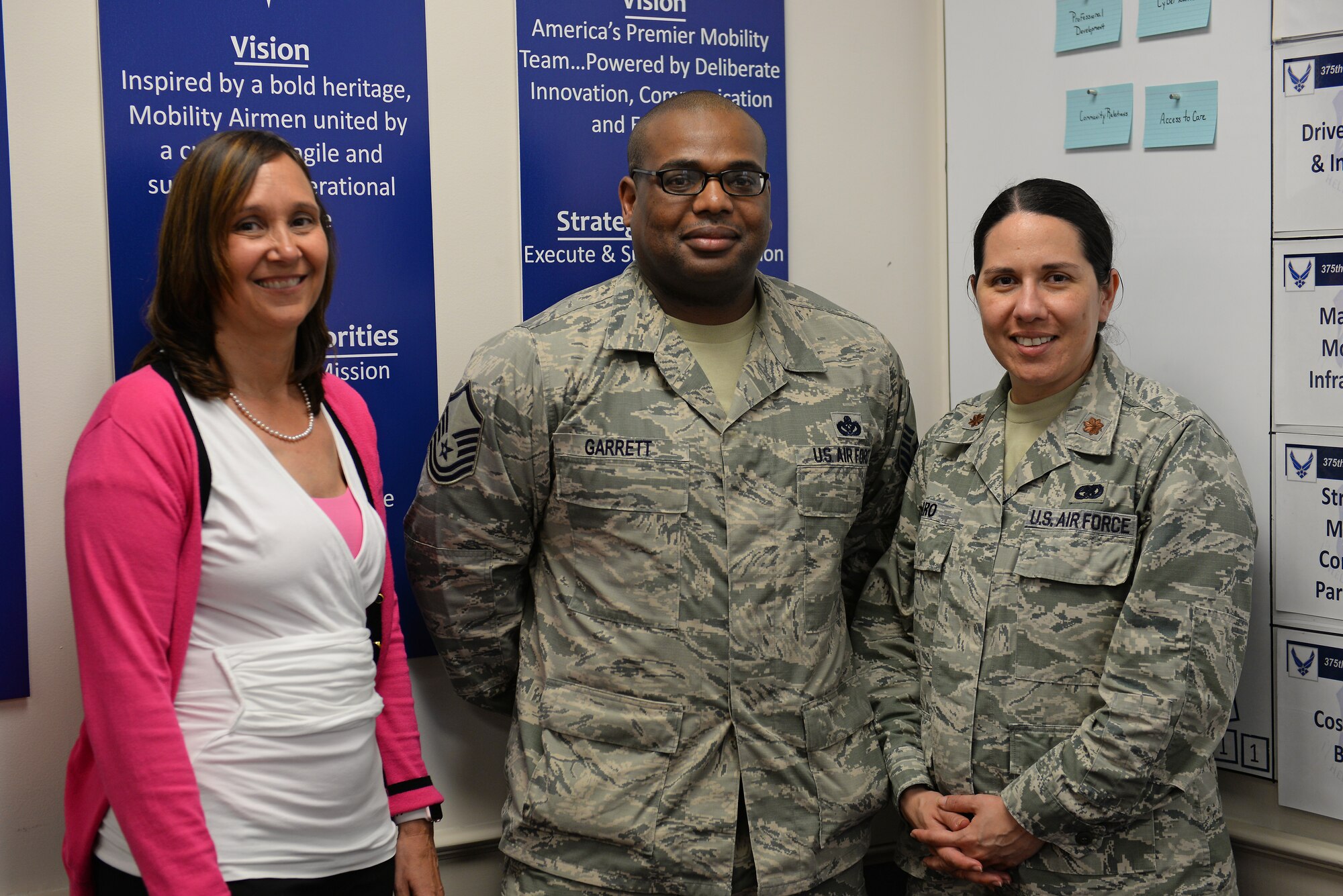 The 375th Mission Support Group CUBE members, Gailyn Gonzalez, Master Sgt. Christopher Garrett, and Maj. Sofia Ciro, helped put together the 375th Air Mobility Wing’s engine room to use for continuous process improvement activities for wing leadership. Col. Laura Lenderman, 375th AMW commander, and her team can collaborate in the engine room using CPI to align strategy, find solutions and resolve issues across the wing. The wall-sized board has displayed all the priorities from the Air Force down to point out issues that need to be addressed in a transparent and efficient manner. (U.S. Air Force photo/Senior Airman Erica Fowler)