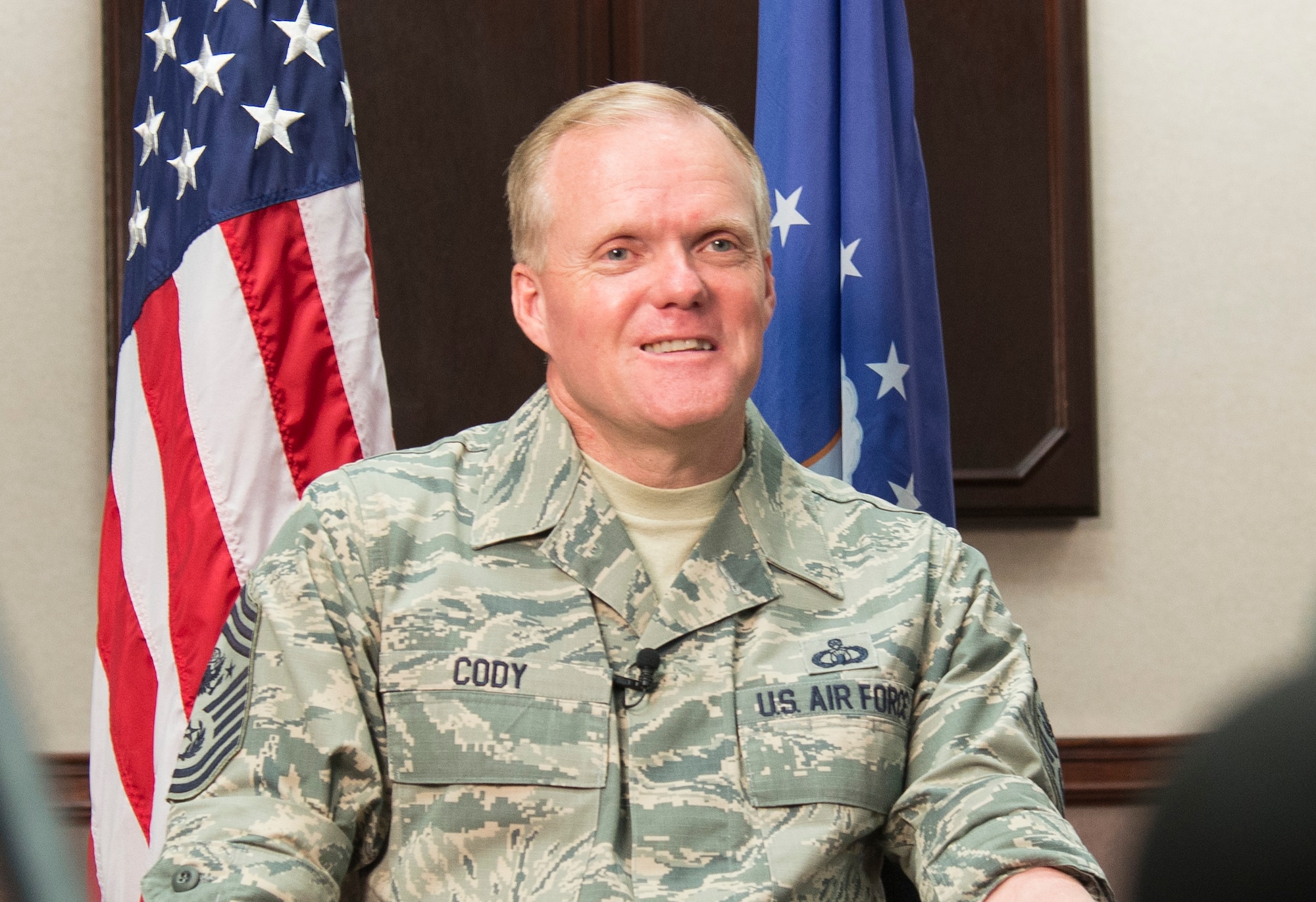Chief Master Sgt. of the Air Force James Cody discusses military education, evaluation challenges, and military spouse contribution during a recent interview. (U.S. Air Force Photo/Sean Clements)