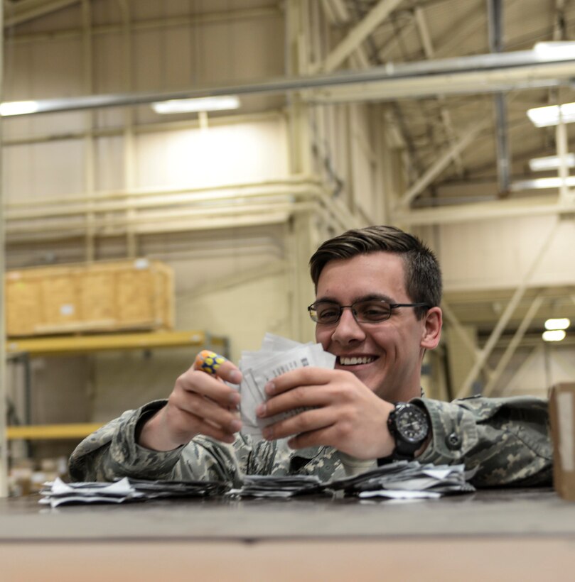 Airman 1st Class Jacob Milatz, 28th Logistics Readiness Squadron aircraft parts store technician, inventories B-1 bomber parts in the bench stock at Ellsworth Air Force Base, S.D., April 25, 2016. The bench stock holds small pieces like nuts and screws that are used on the bomber and are inspected weekly. (U.S. Air Force photo by Airman 1st Class Sadie Colbert/Released)