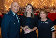 Col. Jimmy Canlas, vice commander, 437th Airlift Wing, Joint Base Charleston (left) and Glenn Jeffries, corporate communications officer, U.S. Army Corps of Engineers (right), thank Katie Stagliano, founder, Katie's Krops, for being the guest speaker at the Federal Executive Association's Annual Federal Employee of the Year Luncheon. The luncheon, held at the Red Bank Club, JB Charleston – Weapons Station, recognizes federal employees who go above and beyond their normal duties. Stagliano spoke about her non-profit company which advocates growing gardens and donating the produce to food banks to use for their meals. (U.S. Army Corps of Engineers photo/Sara Corbett)
