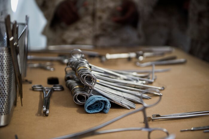 Surgical equipment is laid out on a table during a five-day medical field exercise completed by Sailors assigned to Surgical Company B, 4th Medical Battalion, May 13, 2016 at Joint Base Charleston, S.C. The exercise tested the capabilities of Surgical Company B’s forward resuscitative surgical system, or FRSS, which is a rapidly mobile trauma surgical team designed to be in close proximity to combat units on the battlefield. (U.S. Air Force photo/Staff Sgt. Jared Trimarchi) 