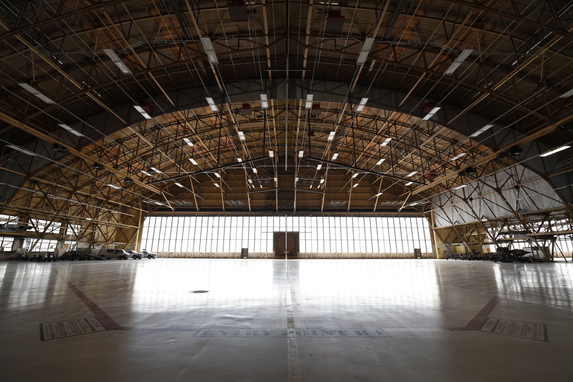 Various upgrades have been conducted on building 2050 in the recent years, to include new weather stripping on the large hangar doors and the painting the floor epoxy white. These upgrades are allowing a historical and important structure in Fairchild Air Force Base’s history to remain current, safe, cost effective and environmentally friendly.(U.S. Air Force photo/Airman 1st Class Mackenzie Richardson)