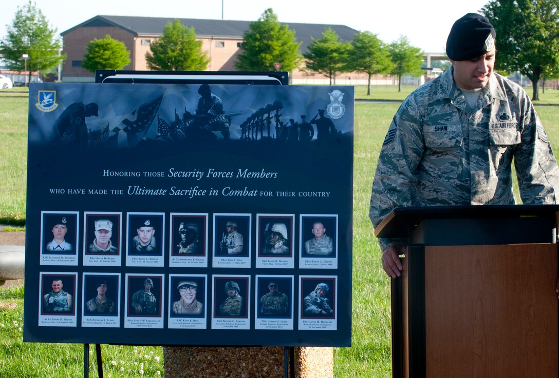 U.S. Air Force Master Sgt. Nathan Shaw, Air Combat Command Headquarters Security Forces mission assurance training noncommissioned officer in charge, participates in a National Police Week opening ceremony at Langley Air Force Base, Va., May 16, 2016. The week memorializes law enforcement officers who laid down their lives in service to the nation. (U.S. Air Force photo by Staff Sgt. R. Alex Durbin)