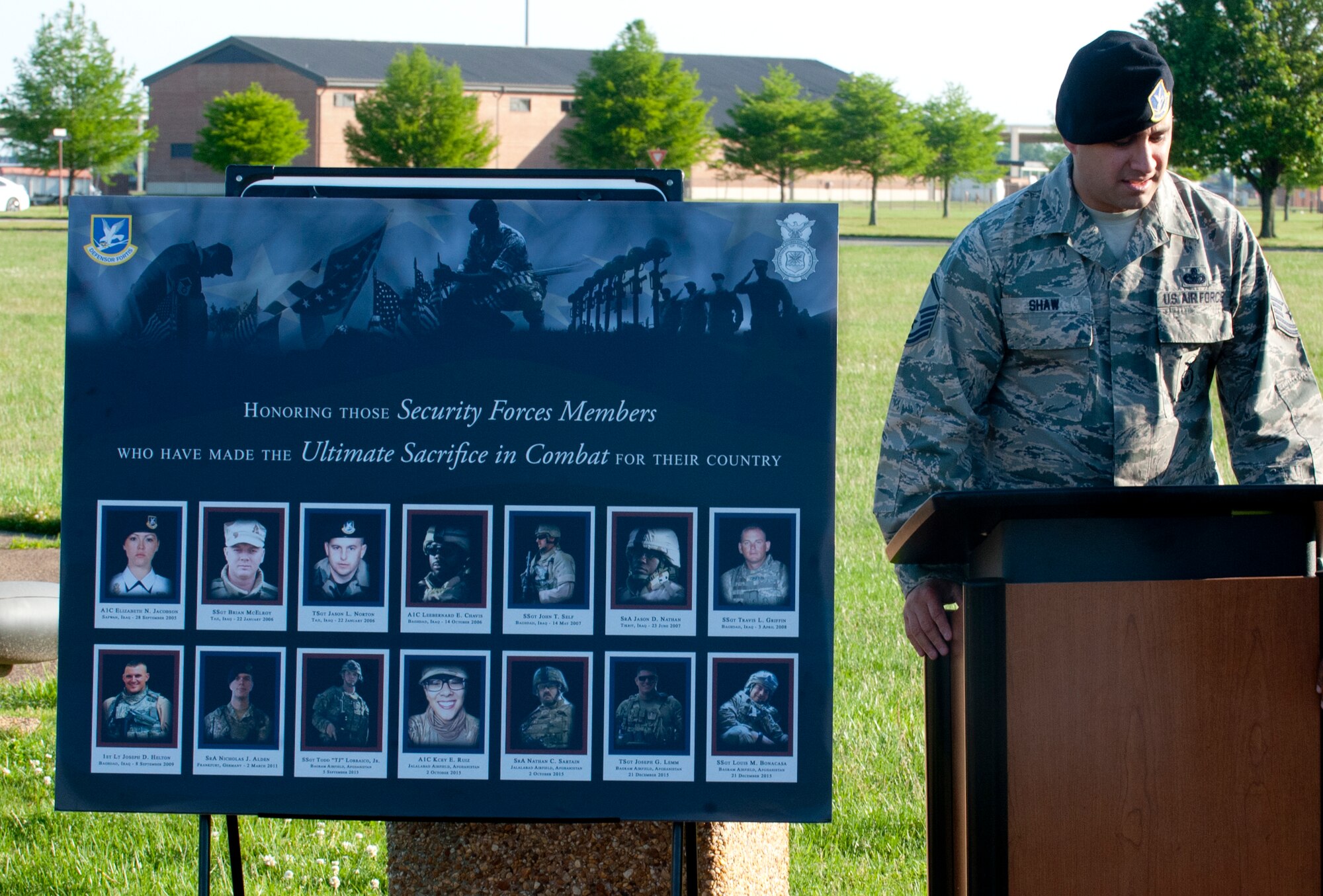 U.S. Air Force Master Sgt. Nathan Shaw, Air Combat Command Headquarters Security Forces mission assurance training noncommissioned officer in charge, participates in a National Police Week opening ceremony at Langley Air Force Base, Va., May 16, 2016. The week memorializes law enforcement officers who laid down their lives in service to the nation. (U.S. Air Force photo by Staff Sgt. R. Alex Durbin)