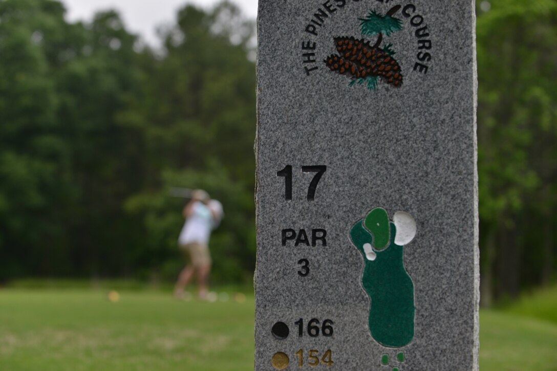 A Commander’s Cup Golf Tournament participant drives a ball down the 17th hole at Fort Eustis, Va., May 13, 2016. After each team player teed off, the team played for the best shot at each hole.  (U.S. Air Force photo by Staff Sgt. Natasha Stannard)
