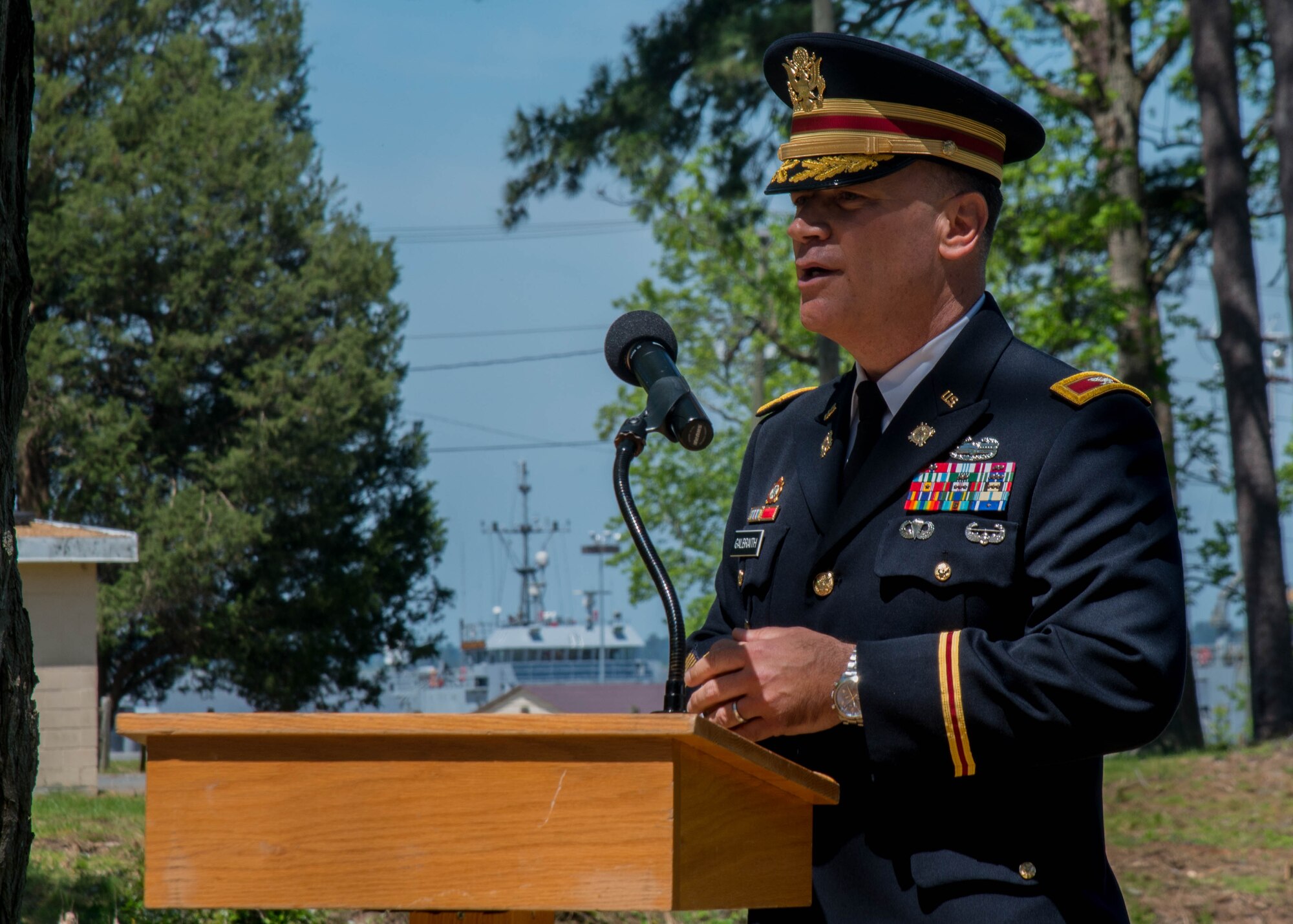 U.S. Army Col. William Galbraith, commander of the 733rd Mission Support Group, provides closing remarks for the Bronze Cross memorial unveiling ceremony in Magnolia Park at Fort Eustis, Va., May 14, 2016. The Bronze Cross memorial was made to honor all Service members who passed in service to the nation.  (U.S. Air Force photo by Staff Sgt. J.D. Strong II)