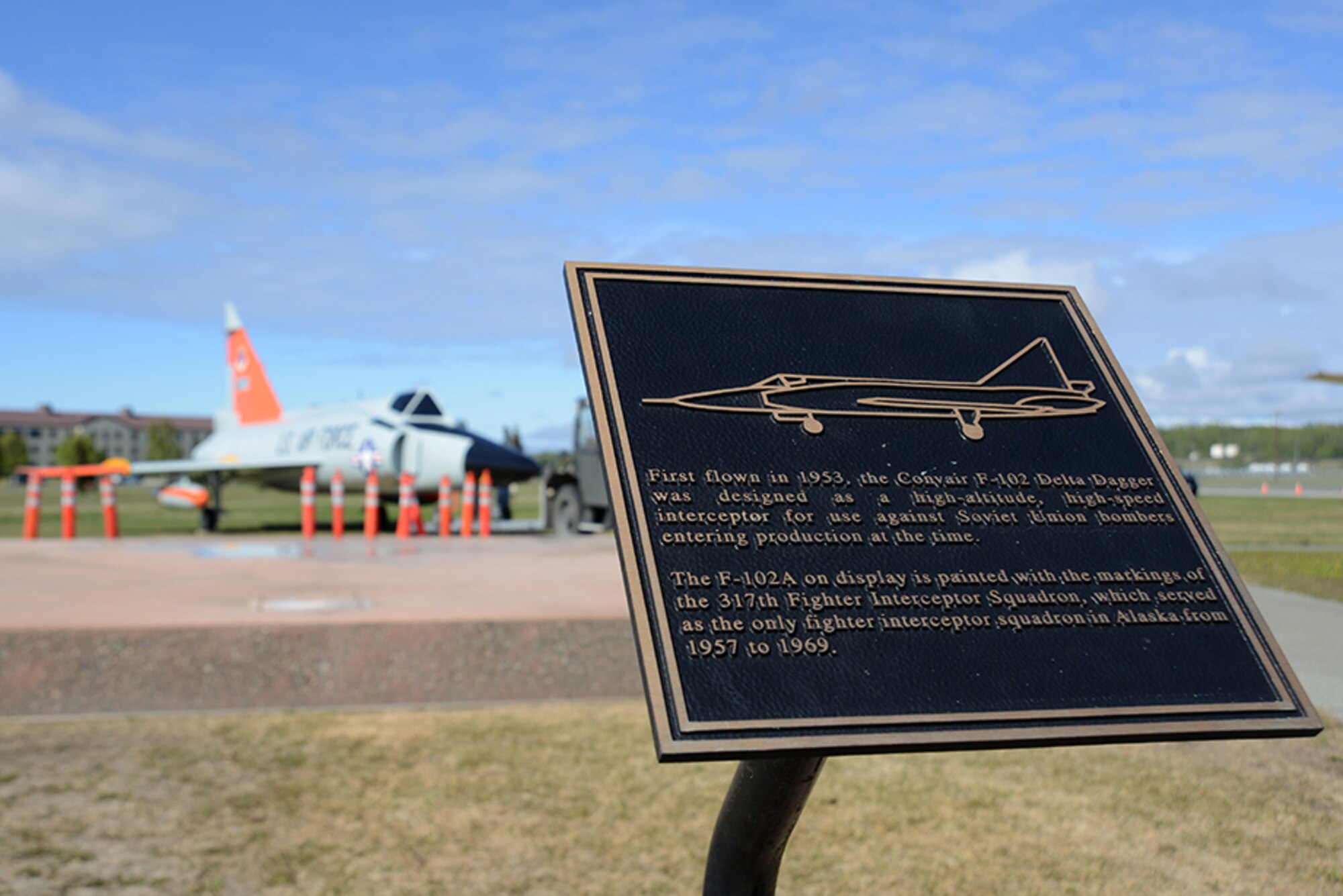 An F-102 Delta Dagger awaits a lift onto its pedestal at Heritage Park at Joint Base Elmendorf-Richardson, Alaska, May 7, 2016. Retired aircraft which have accomplished the Air Force mission are refurbished and put on display at Heritage Park. (U.S. Air Force photo by Airman 1st Class Christopher R. Morales)