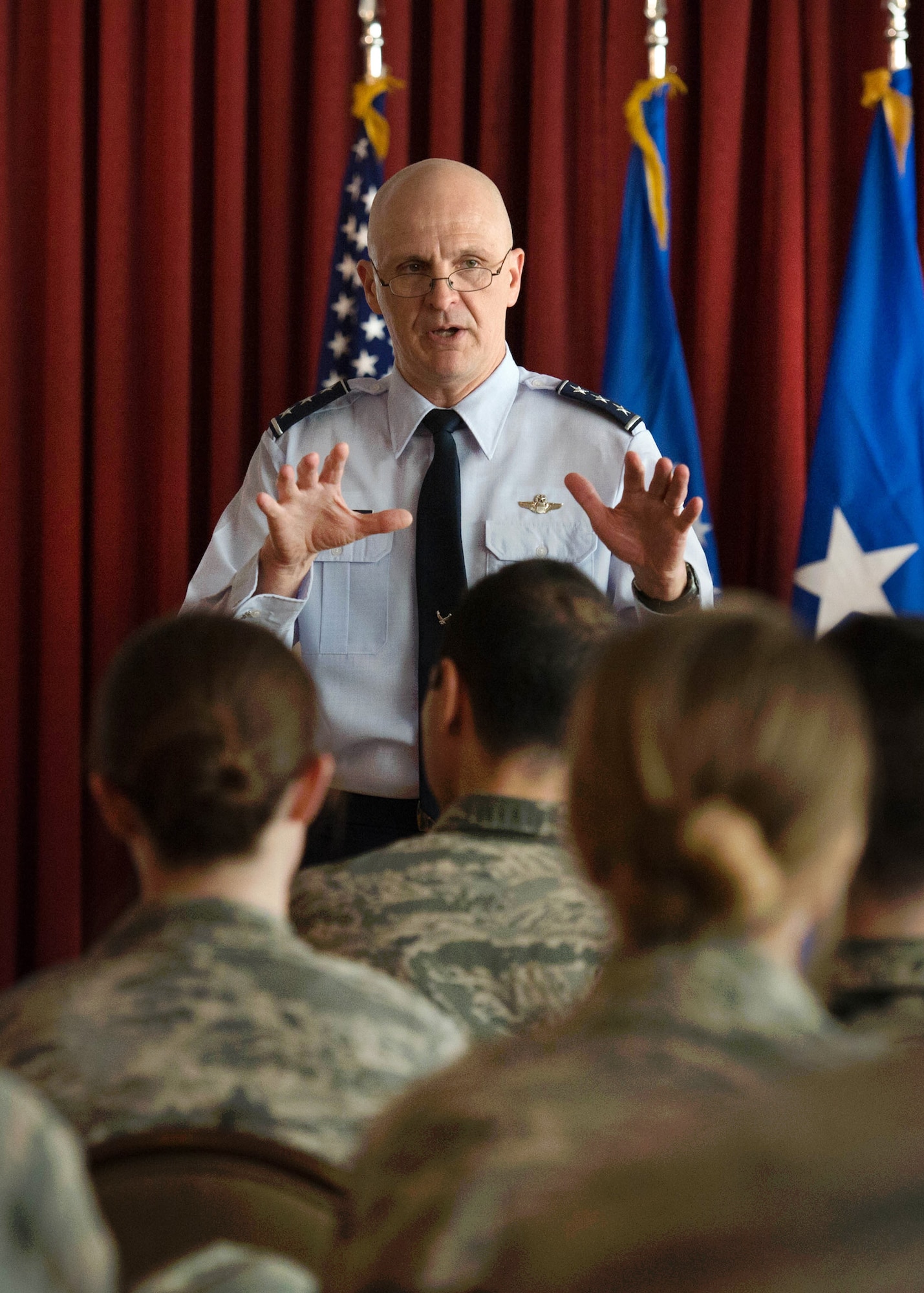 Lt. Gen. Arnold W. Bunch, Jr., military deputy, Office of the Assistant Secretary of the Air Force for Acquisition, speaks to Hanscom Company Grade Officers during an all-call at the Minuteman Commons May 18. During the all-call, Bunch provided career advice to the Airmen and answered questions from them. (U.S. Air Force photo by Jerry Saslav)