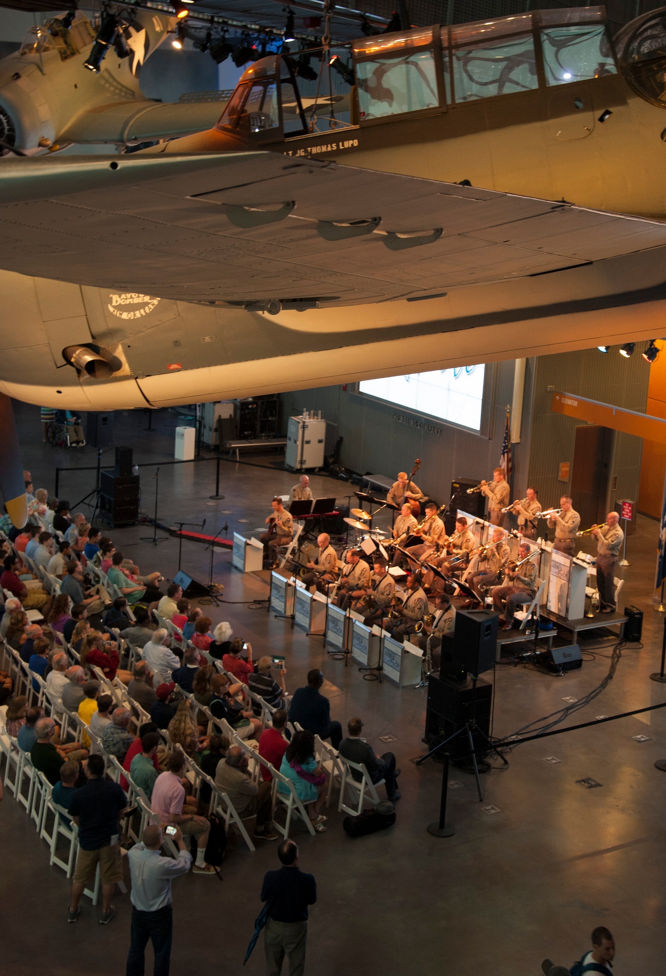 The Airmen of Note, the Air Force’s premier jazz ensemble, perform at the National WW II Heritage Museum in New Orleans, April 27. The show was the last of a 10-day tour that started in Dallas, Texas. The band wore their “pink and greens” a WW II era costume that looks like the uniforms worn by the Glen Miller Army Air Force Band. Nearly 600 people came to watch the show. (U.S. Air Force photo by Tech. Sgt. James Bolinger)