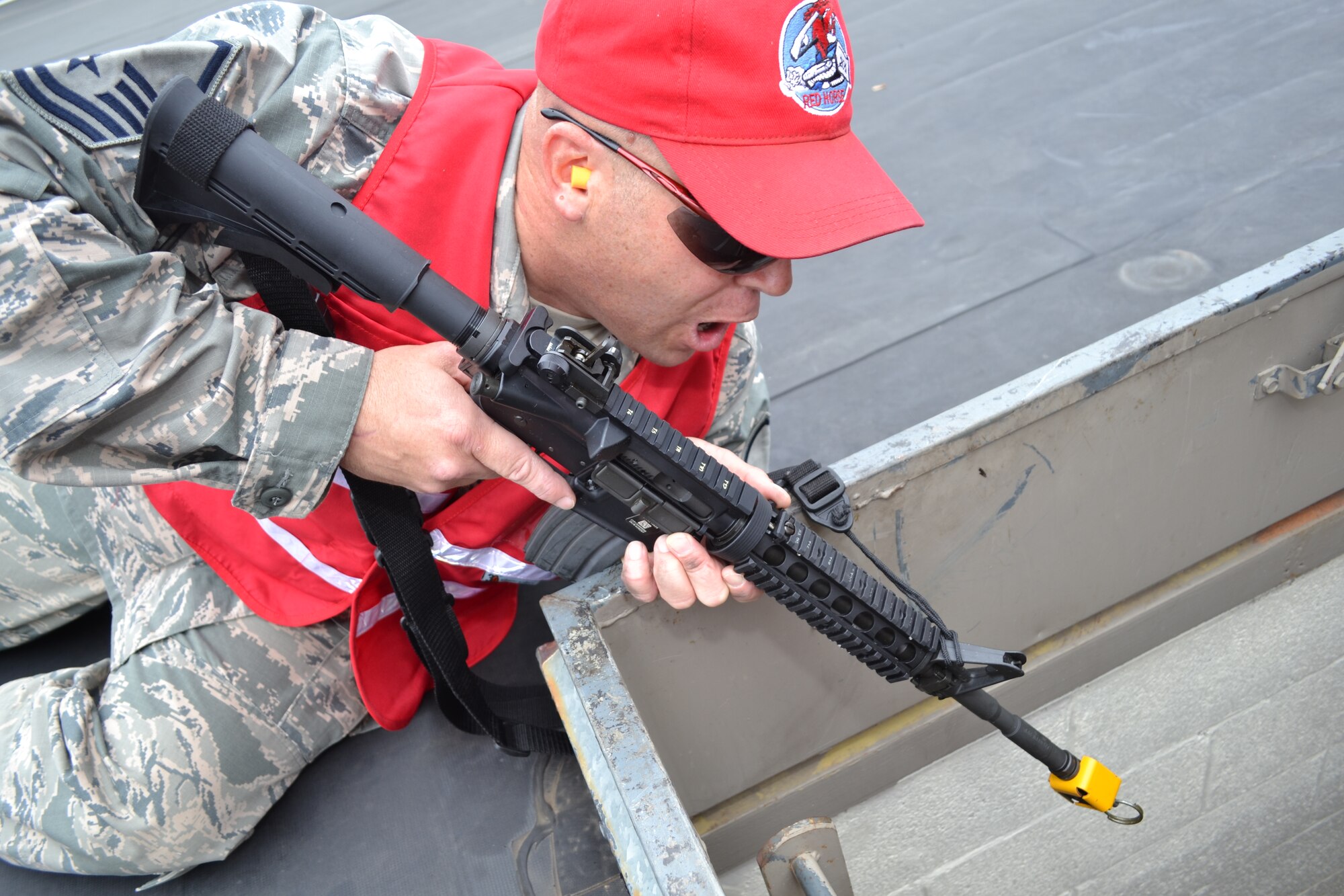 Master Sgt. Geoffrey Gay, a 201st RED HORSE, Det.1 member, plays the role of the active shooter during a major accident response exercise held at Horsham Air Guard Station, Pa., April 13, 2016. Gay has been asked to partake in this role for three prior MAREs that included an active-shooter element. (U.S. Air National Guard photo by Tech. Sgt. Andria Allmond) 
