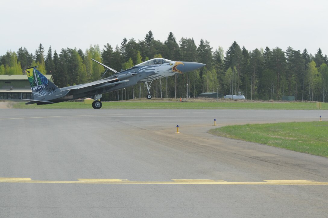 The 173rd Fighter Wing flagship touches down at Rissala Air Base, Finland during a joint training exercise that is part of Operation Atlantic Resolve, May 10, 2016. The distinctive paint scheme was developed by the unit and commemorates the 75th Anniversary of the Oregon Air National Guard. (U.S. Air National Guard photo by Tech. Sgt. Jefferson Thompson/released)